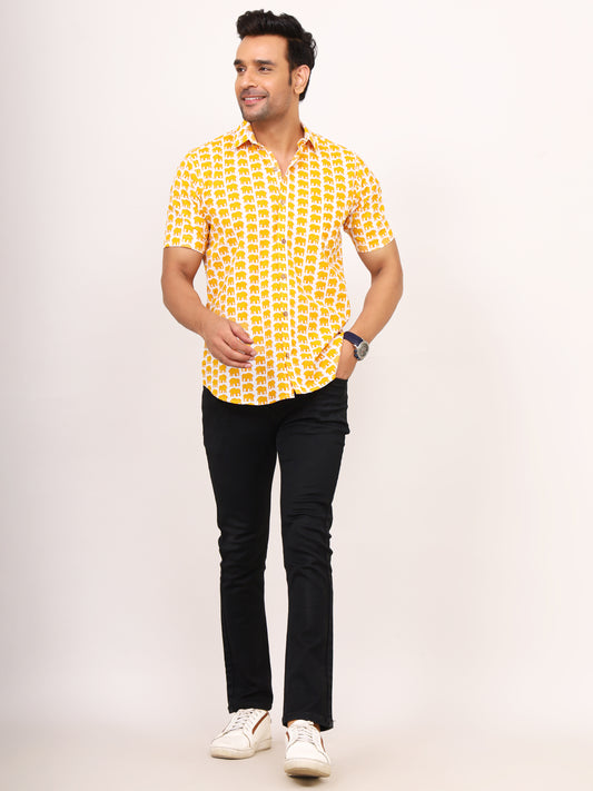 Sanganeri Cotton Elephant Print White Shirt
