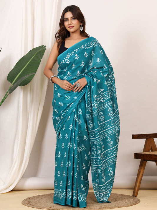 Pure Cotton Teal Blue Saree with White Leaf Block Print and Ornamental Pallu
