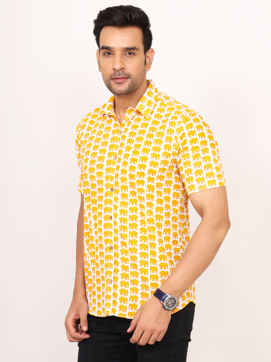 Sanganeri Cotton Elephant Print White Shirt
