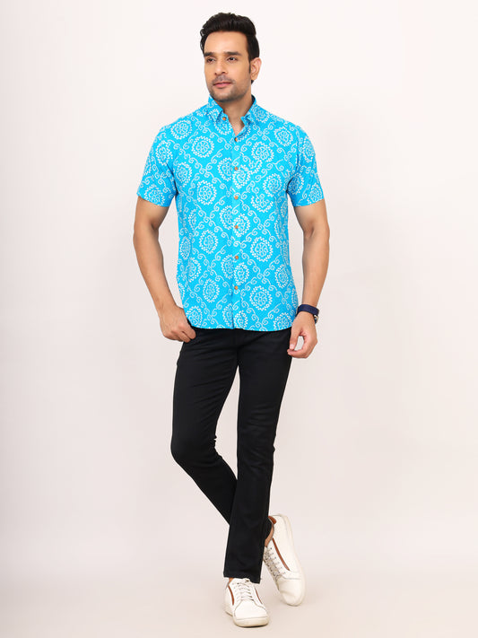 Sanganeri Cotton Bhandej Print Blue Shirt