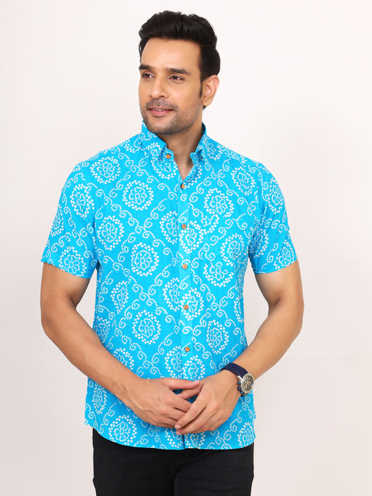 Sanganeri Cotton Bhandej Print Blue Shirt