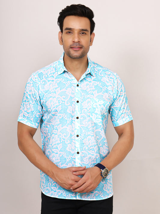 Sanganeri Cotton White Jal Print Blue Shirt