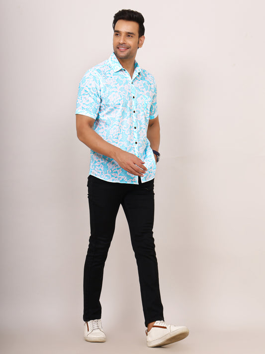 Sanganeri Cotton White Jal Print Blue Shirt