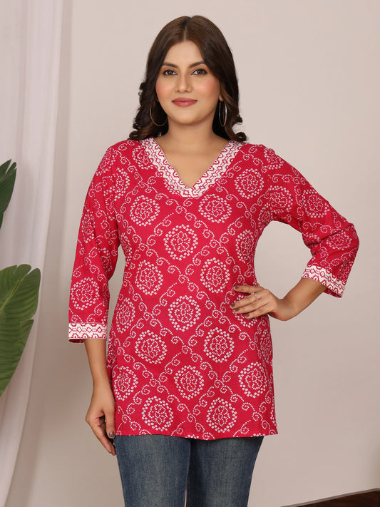 Sanganeri Bandhej Print Rani Pink & White Top