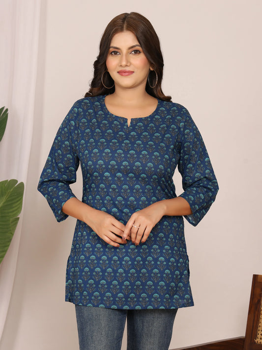 Sanganeri Blue Buti Print Navy Cotton Top
