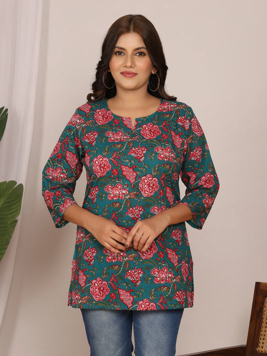 Sanganeri Red Floral Print Teal Green Cotton Top