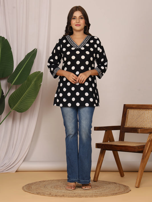 Sanganeri Black & White Polka Dot Cotton Top
