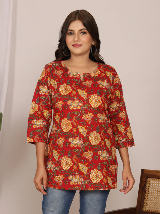 Sanganeri Floral Buti Print Red & Yellow Cotton Top