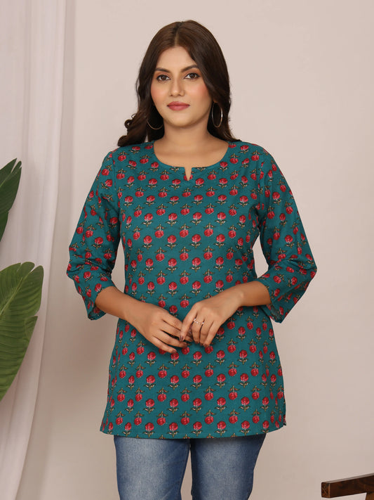 Sanganeri Teal & Red Rose Buti Print Top