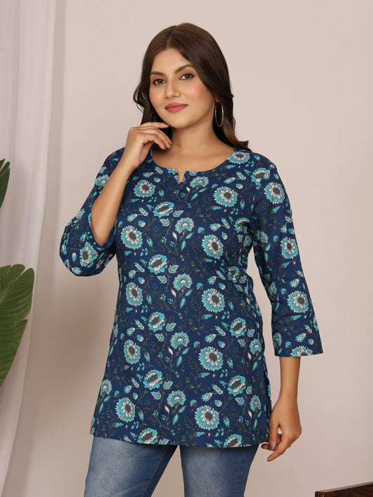 Sanganeri Navy Blue & Aqua Floral Print Cotton Top