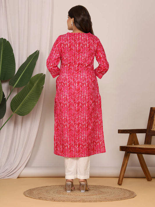 Sanganeri Zig Zag Print Pink Cotton Kurti