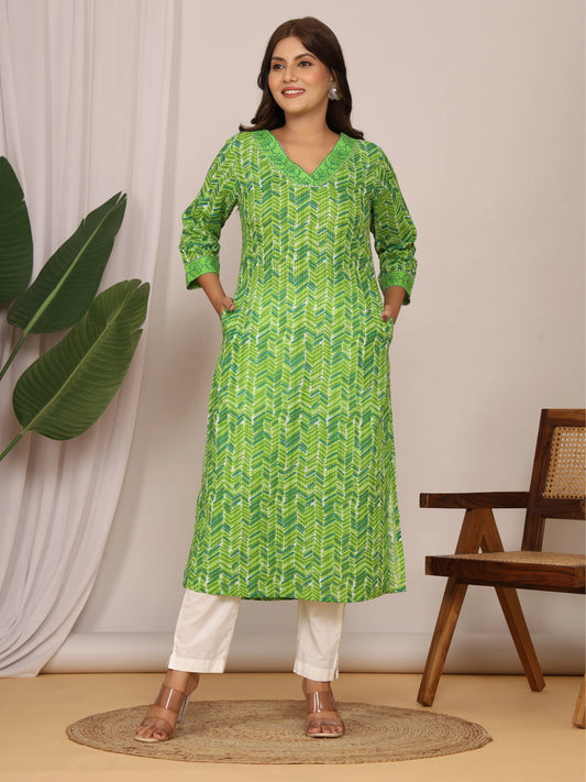Sanganeri Zig Zag Print Green Cotton Kurti