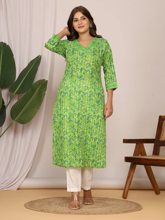 Sanganeri Zig Zag Print Green Cotton Kurti