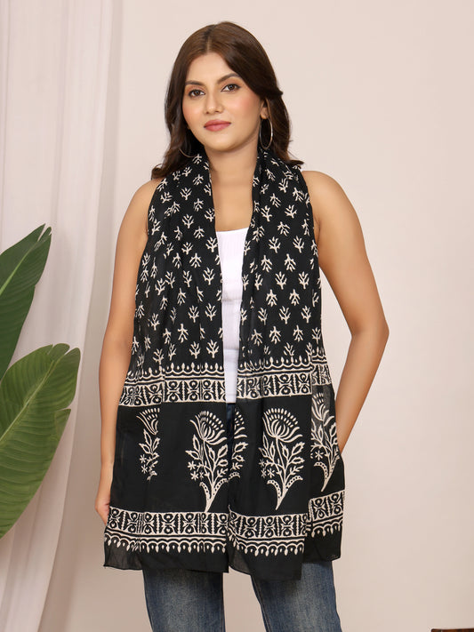 Black & White Floral Vine Handblock Discharge Print Pure Cotton Stole