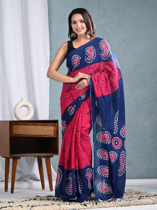 Pure Cotton Pink and Blue Saree with Stunning Block and Sanganeri Batik Print