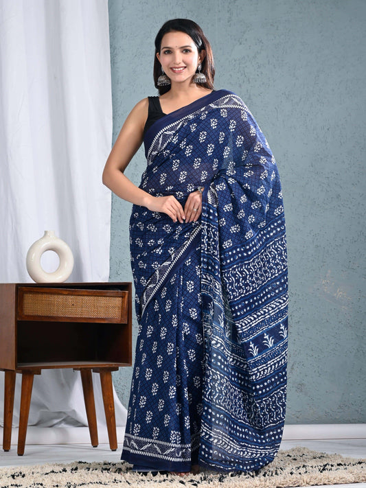 Indigo Sanganeri Printed Pure Cotton Saree with Floral Buti & Jaal Design
