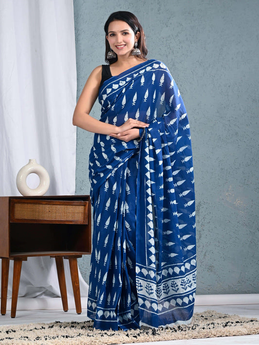Indigo Sanganeri Printed Pure Cotton Saree with Artistic Traditional Motifs