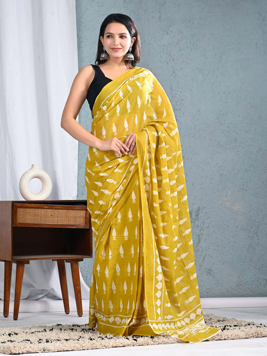 Mustard Yellow Sanganeri Printed Pure Cotton Saree with Tribal Motifs