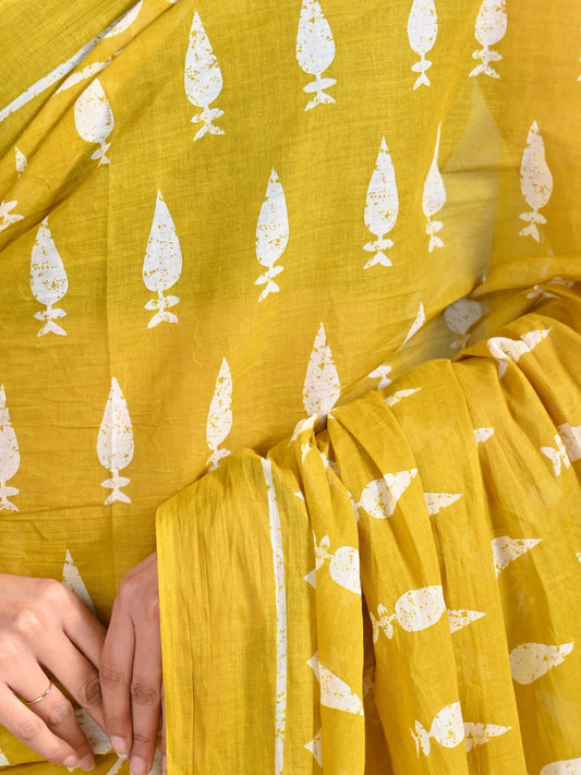 Mustard Yellow Sanganeri Printed Pure Cotton Saree with Tribal Motifs