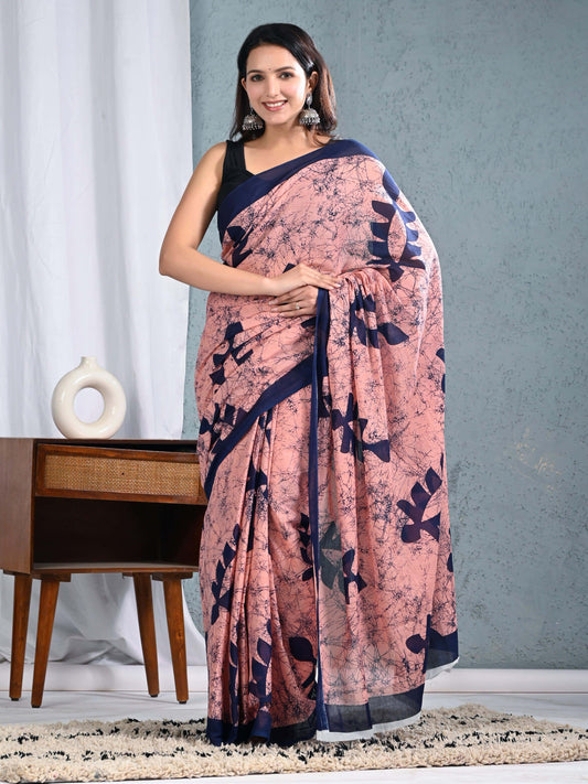 Elegant Peach & Blue Batik Sanganeri Print Cotton Saree Print