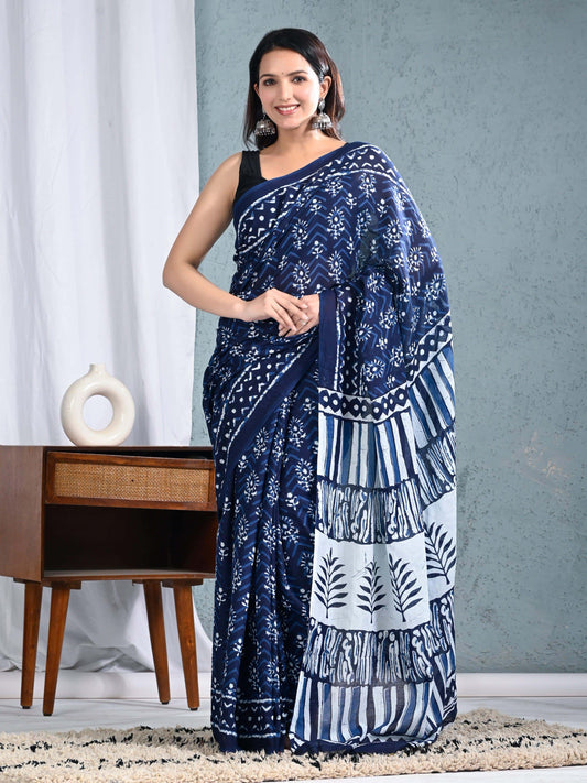 Indigo Sanganeri Printed Pure Cotton Saree with Artistic Traditional Motifs