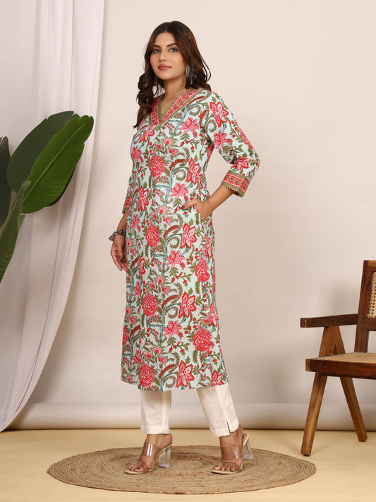 Sanganeri Floral Print Light Blue Cotton Kurti