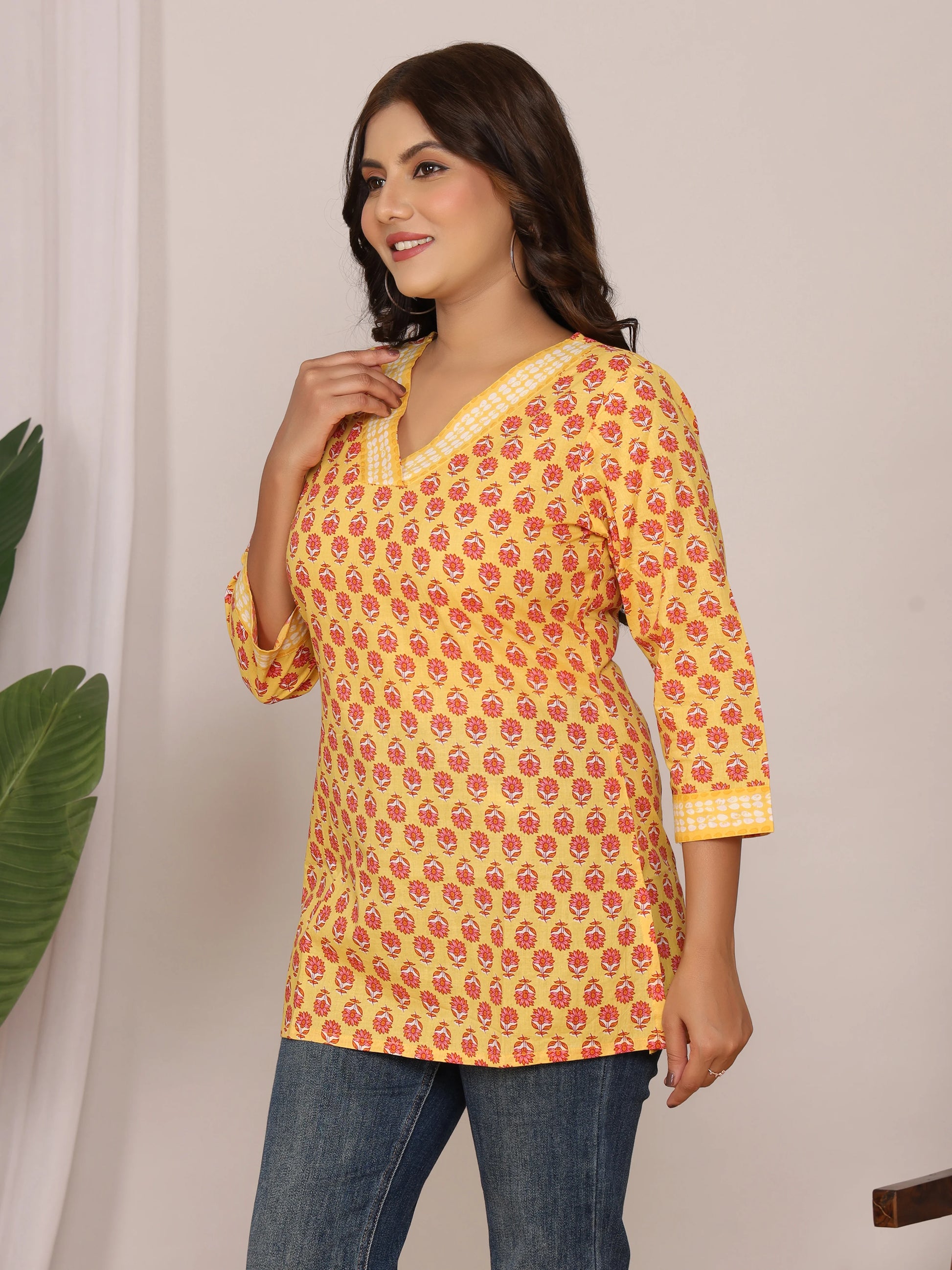 Sanganeri Yellow & Red Floral Buti Print Cotton Top