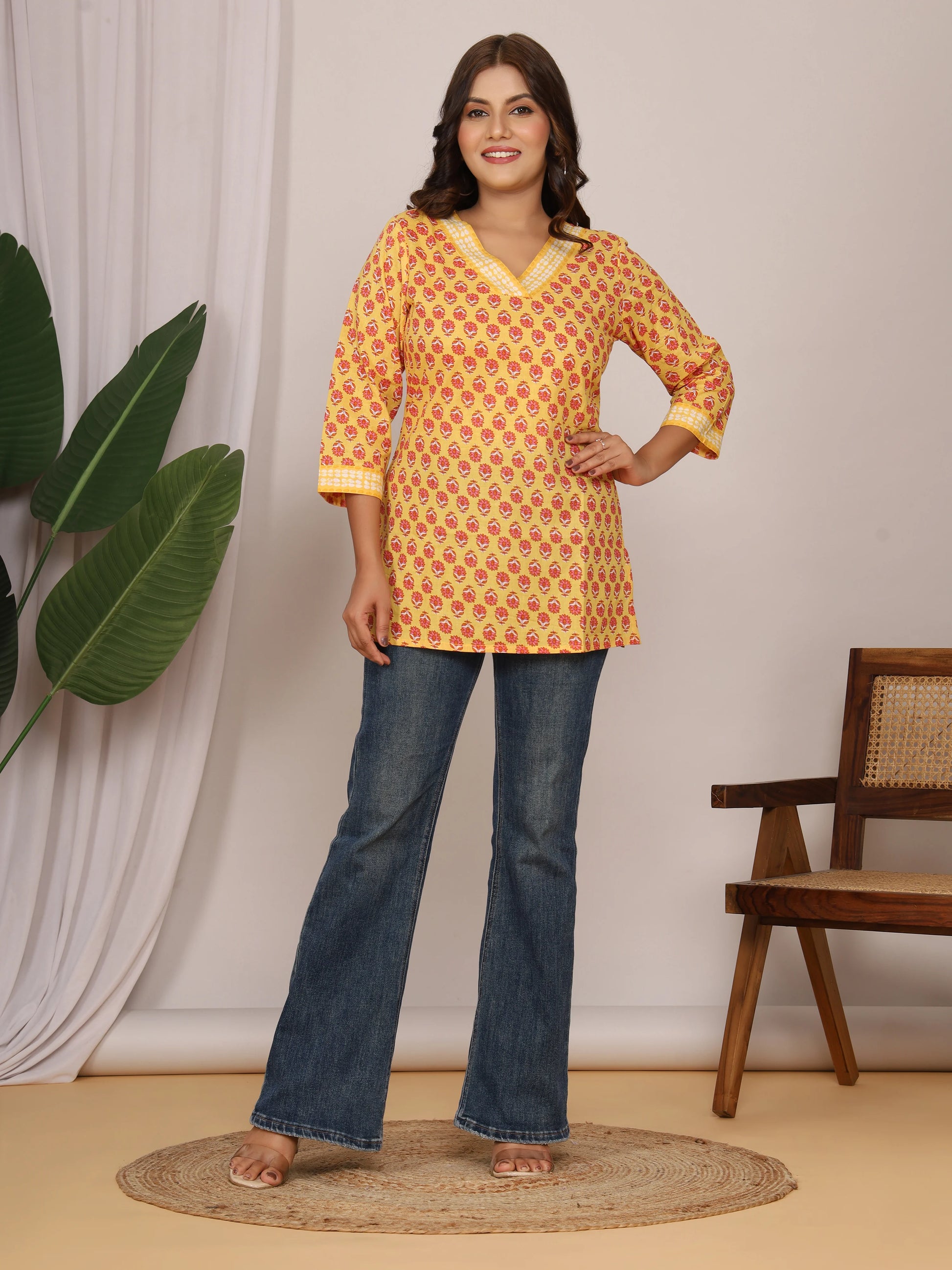 Sanganeri Yellow & Red Floral Buti Print Cotton Top