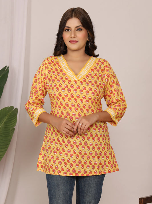 Sanganeri Yellow & Red Floral Buti Print Cotton Top