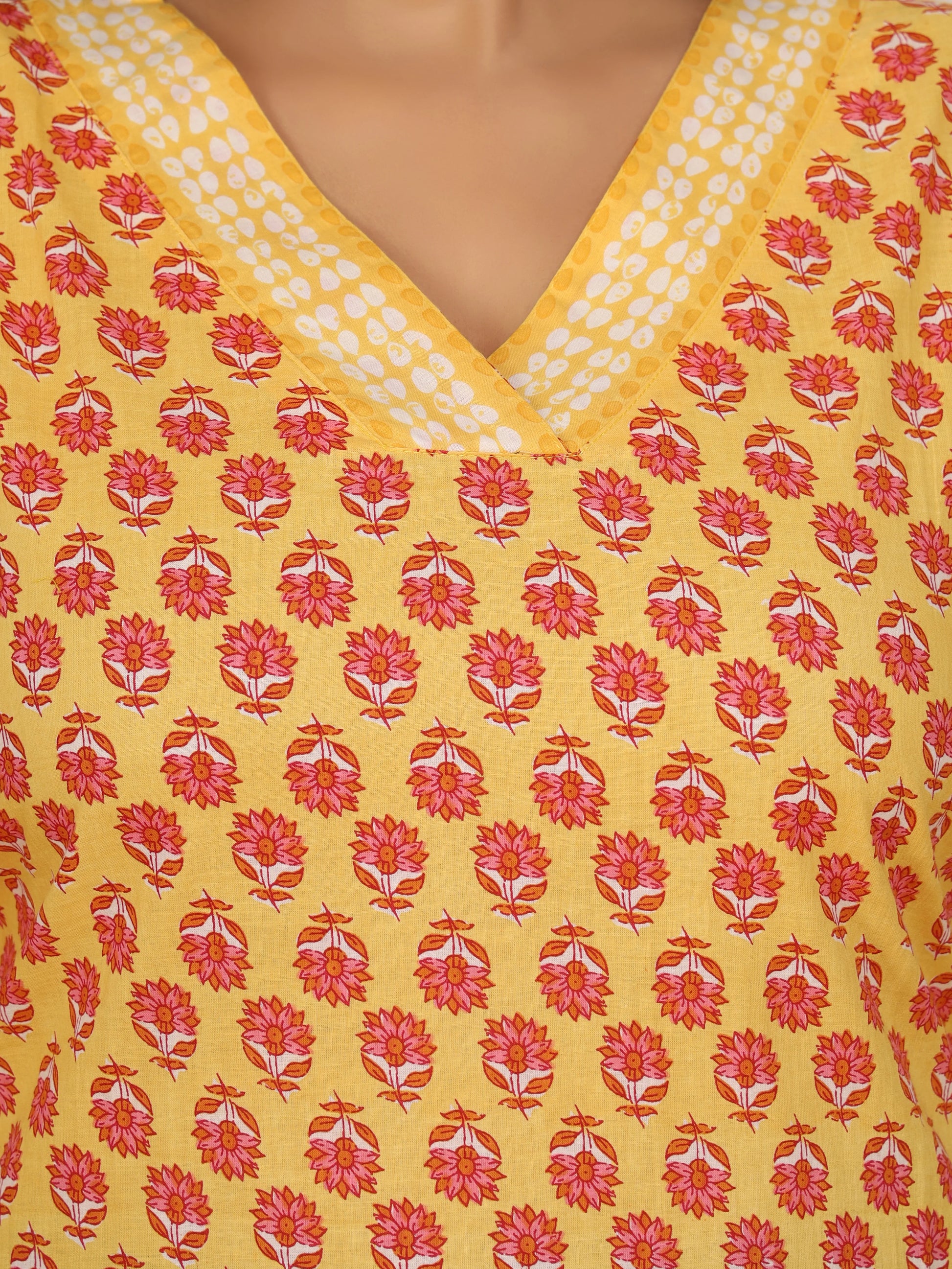 Sanganeri Yellow & Red Floral Buti Print Cotton Top