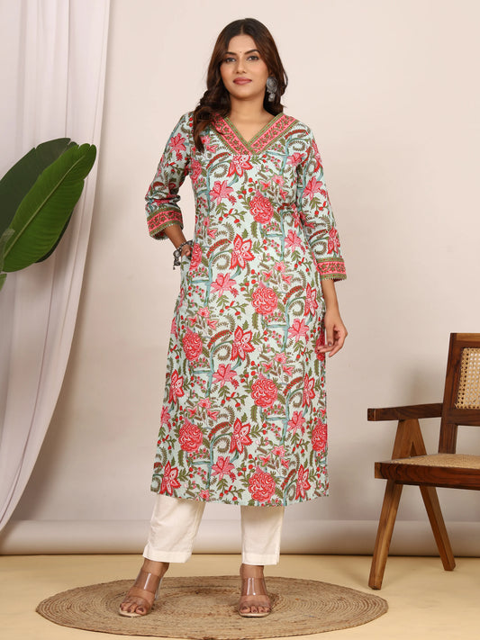 Sanganeri Floral Print Light Blue Cotton Kurti