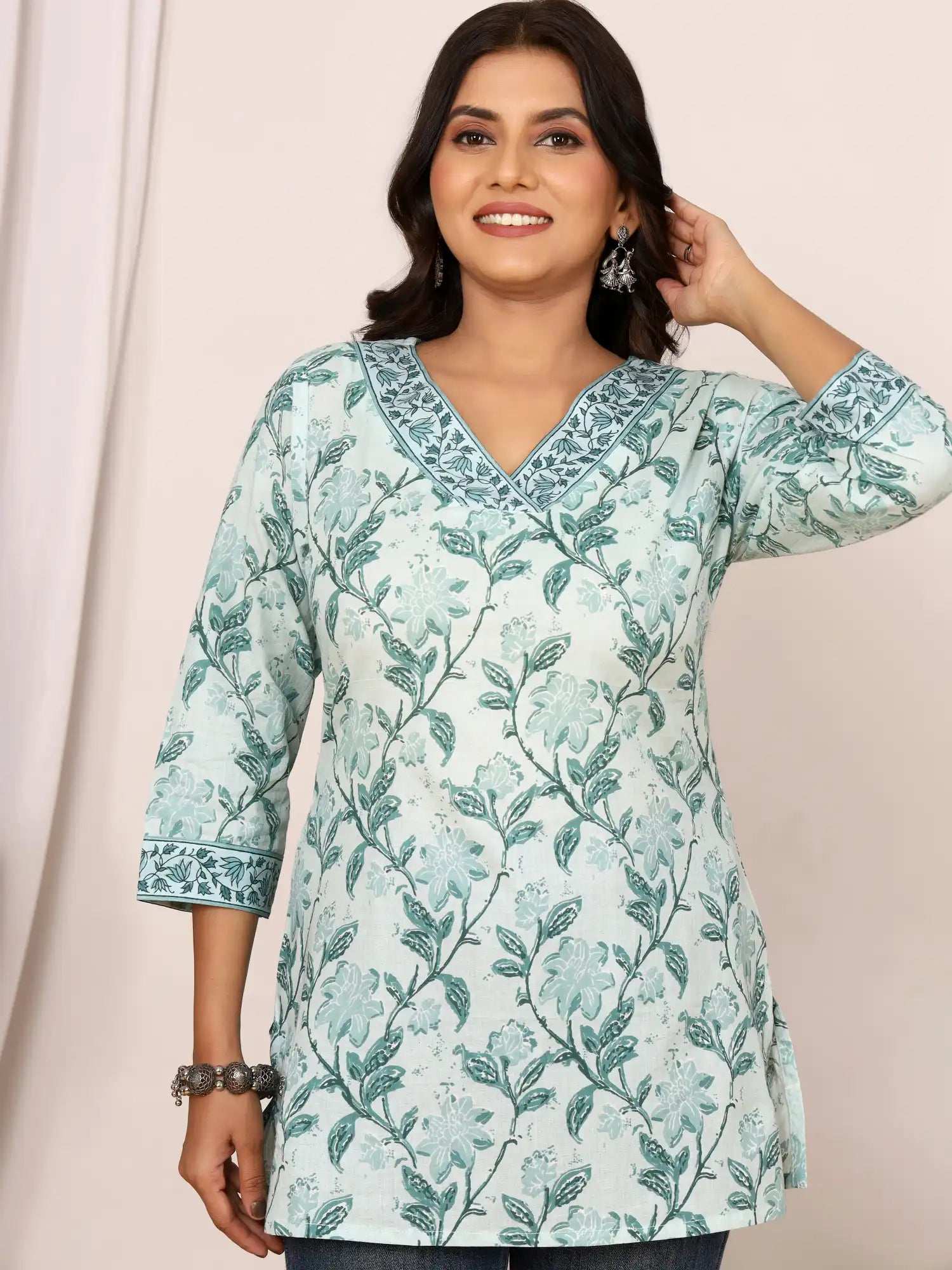 Sanganeri Pistachio Green Floral Cotton Top