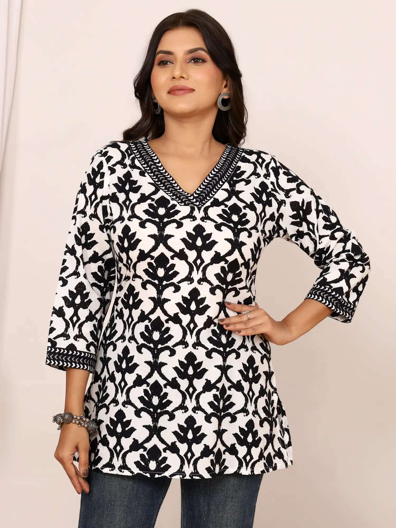 Sanganeri Black Bold Floral Print Cotton Top