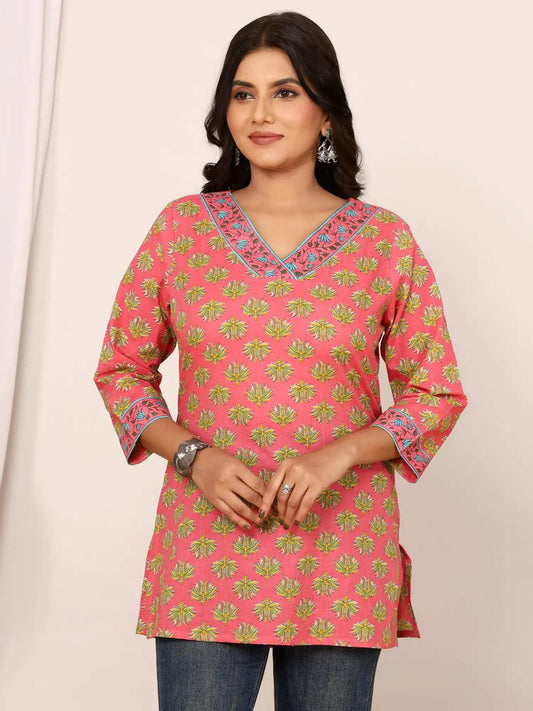 Sanganeri Pink & Yellow Flower Buti Cotton Top