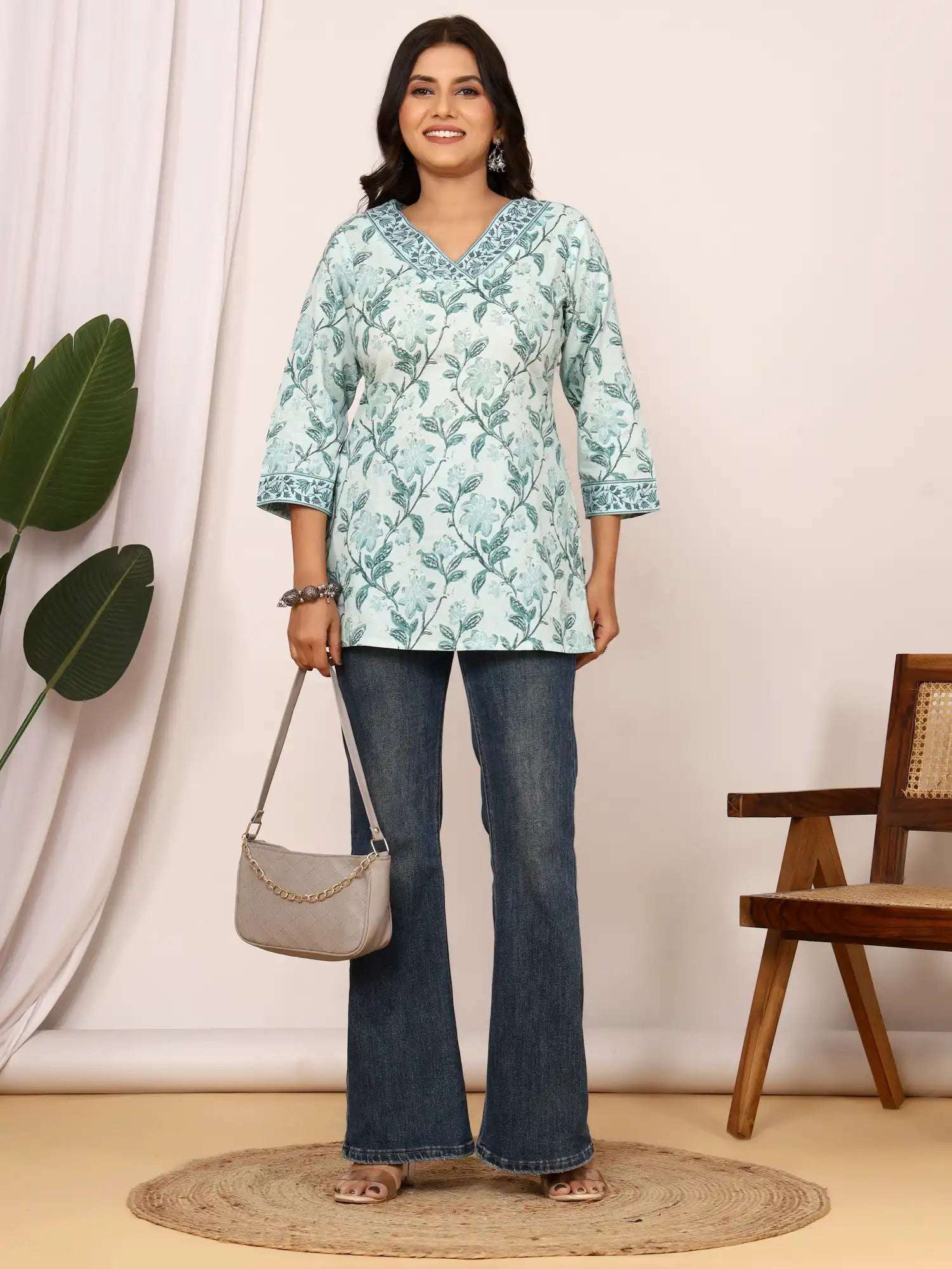 Sanganeri Pistachio Green Floral Cotton Top