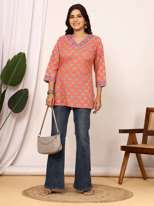 Sanganeri Pink & Yellow Flower Buti Cotton Top