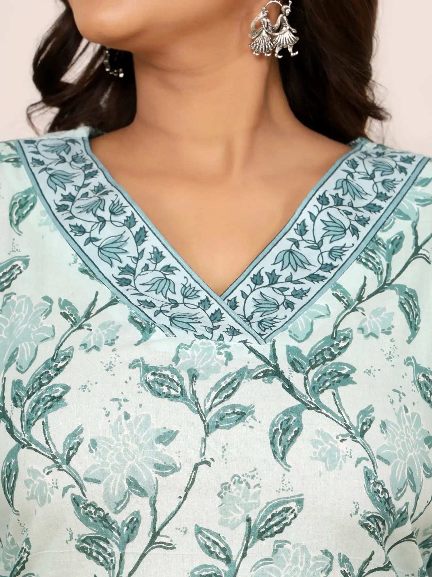 Sanganeri Pistachio Green Floral Cotton Top