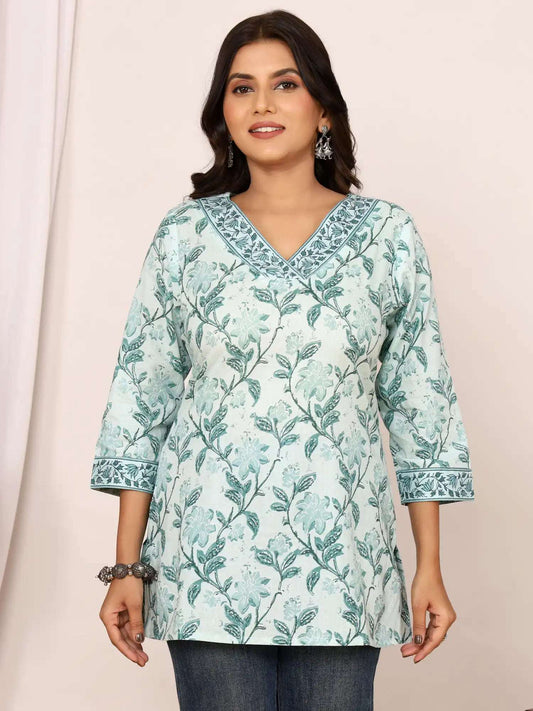 Sanganeri Pistachio Green Floral Cotton Top