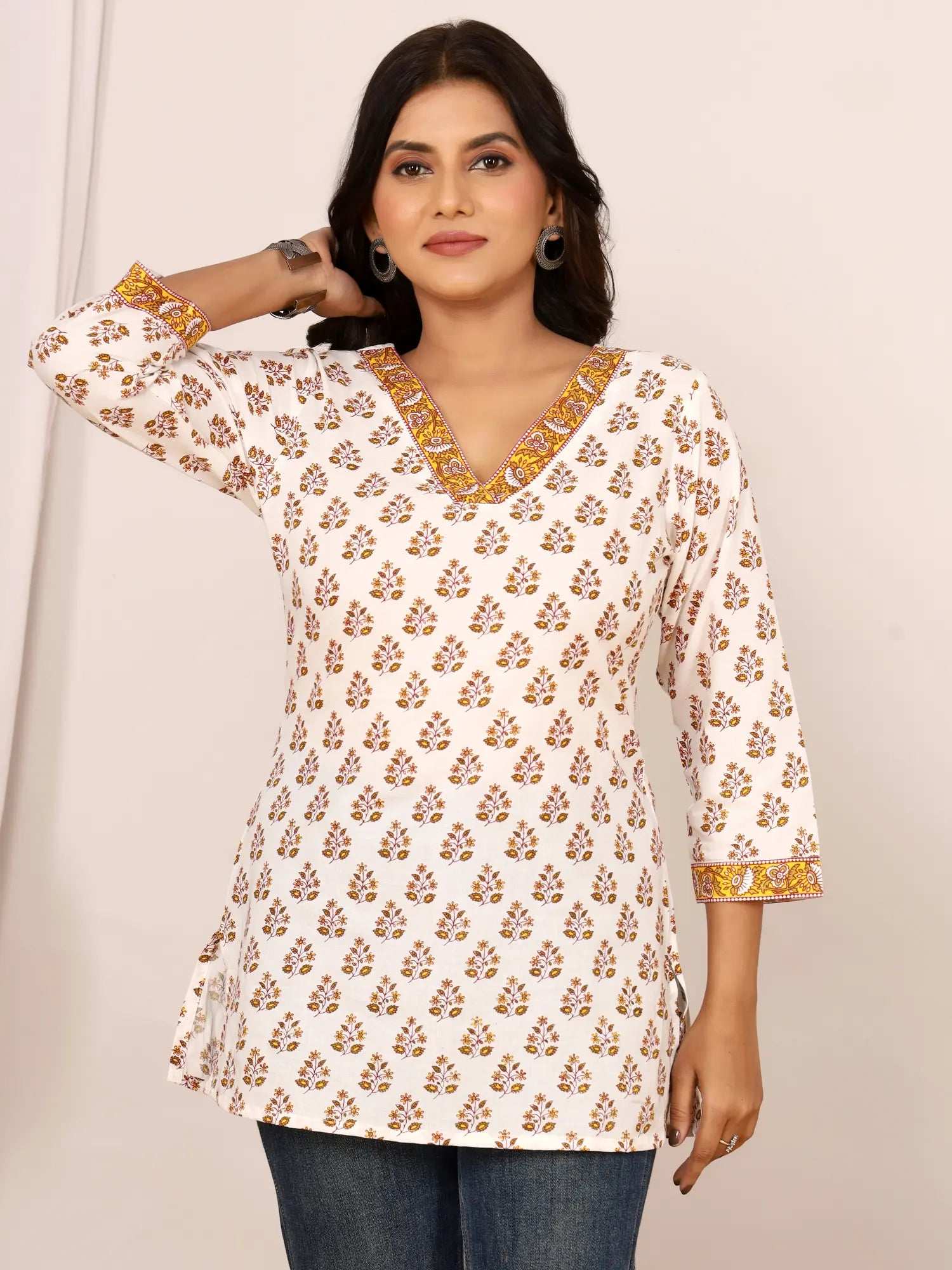 Sanganeri Mustard Floral Booti Print Cotton Top