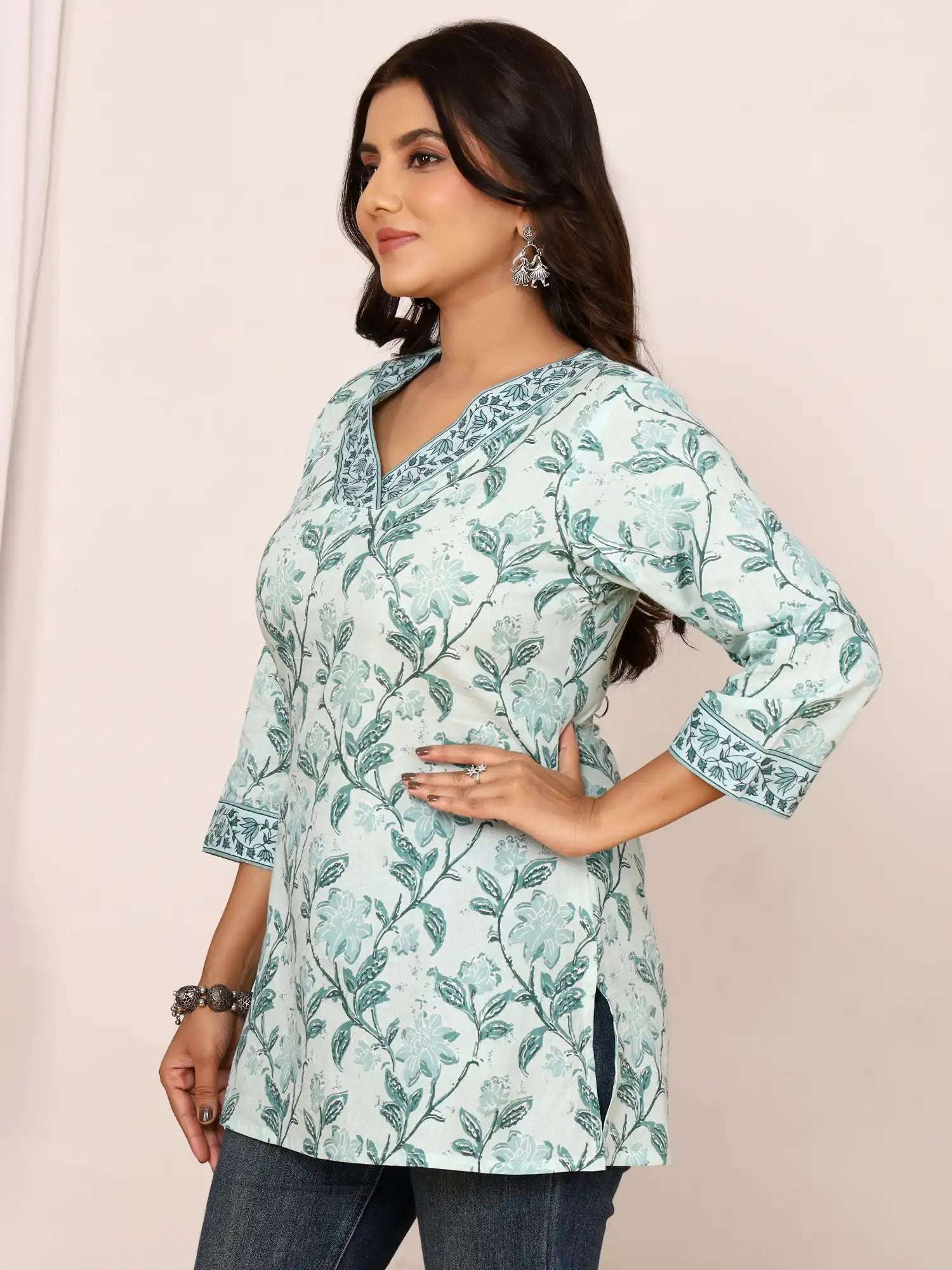 Sanganeri Pistachio Green Floral Cotton Top
