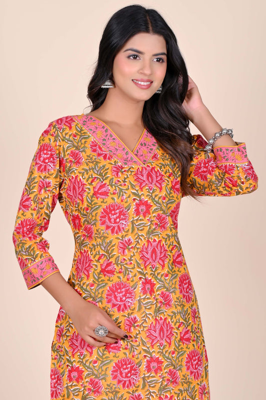 Sanganeri Floral Print Yellow Cotton Kurti