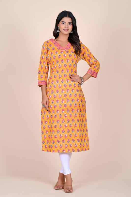 Sanganeri Rose Print Mustard Cotton Kurti