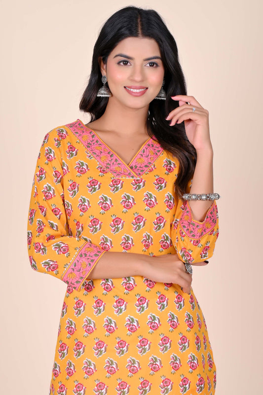 Sanganeri Rose Print Mustard Cotton Kurti