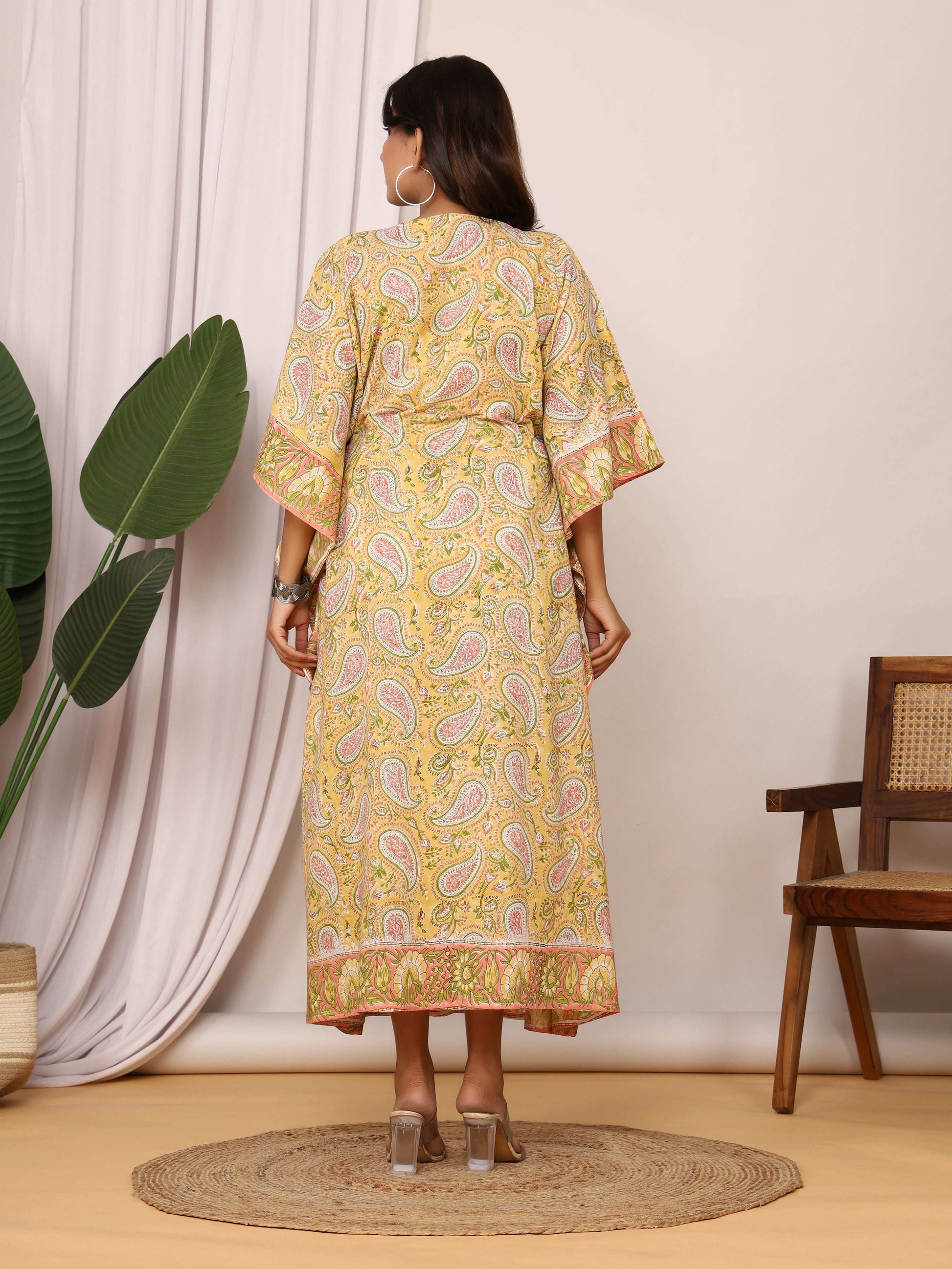 Sanganeri Print Yellow & Green Paisley Cotton Kaftan