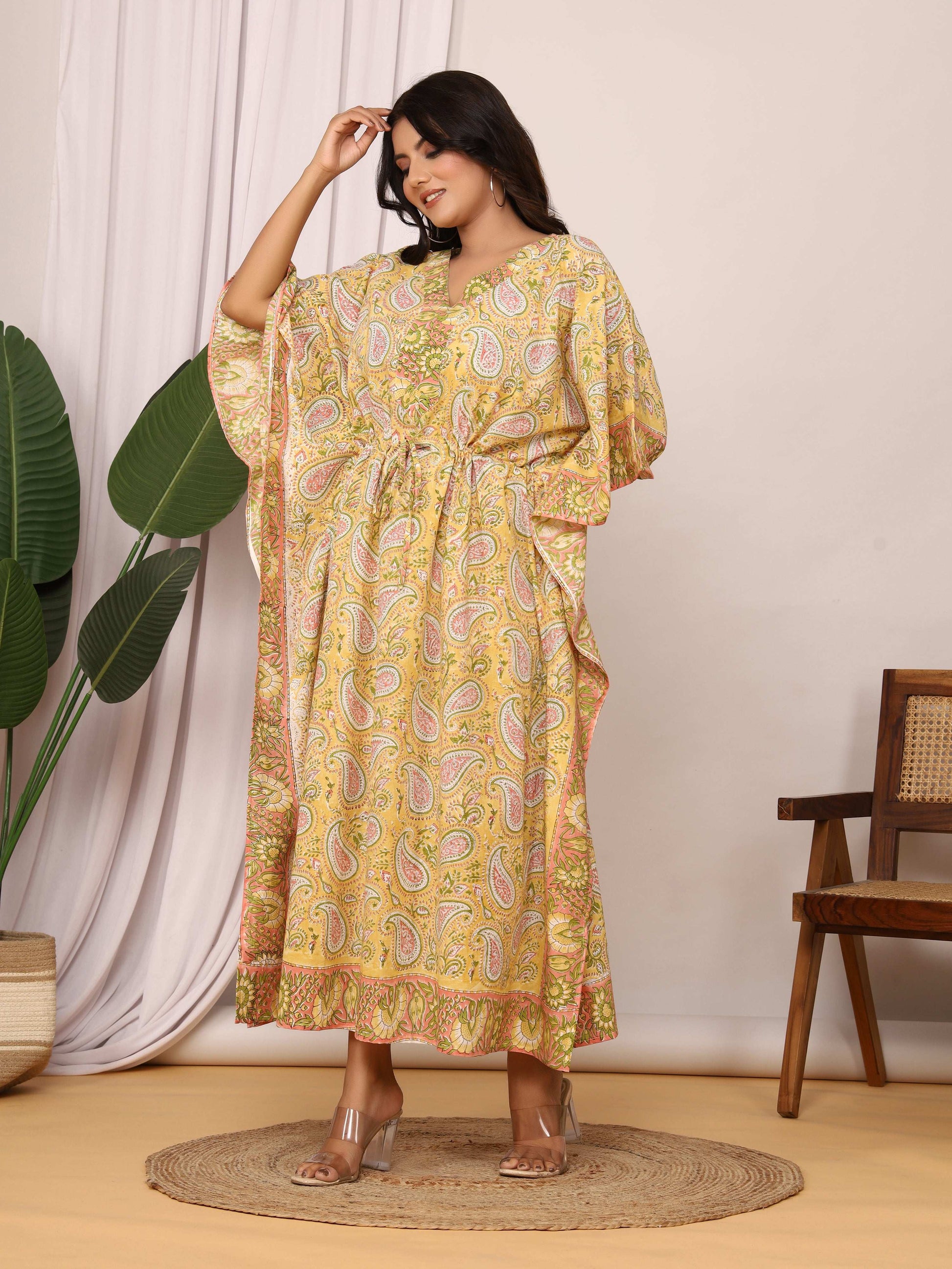 Sanganeri Print Yellow & Green Paisley Cotton Kaftan