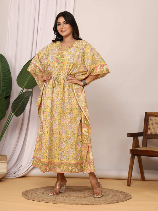 Sanganeri Print Yellow & Green Paisley Cotton Kaftan