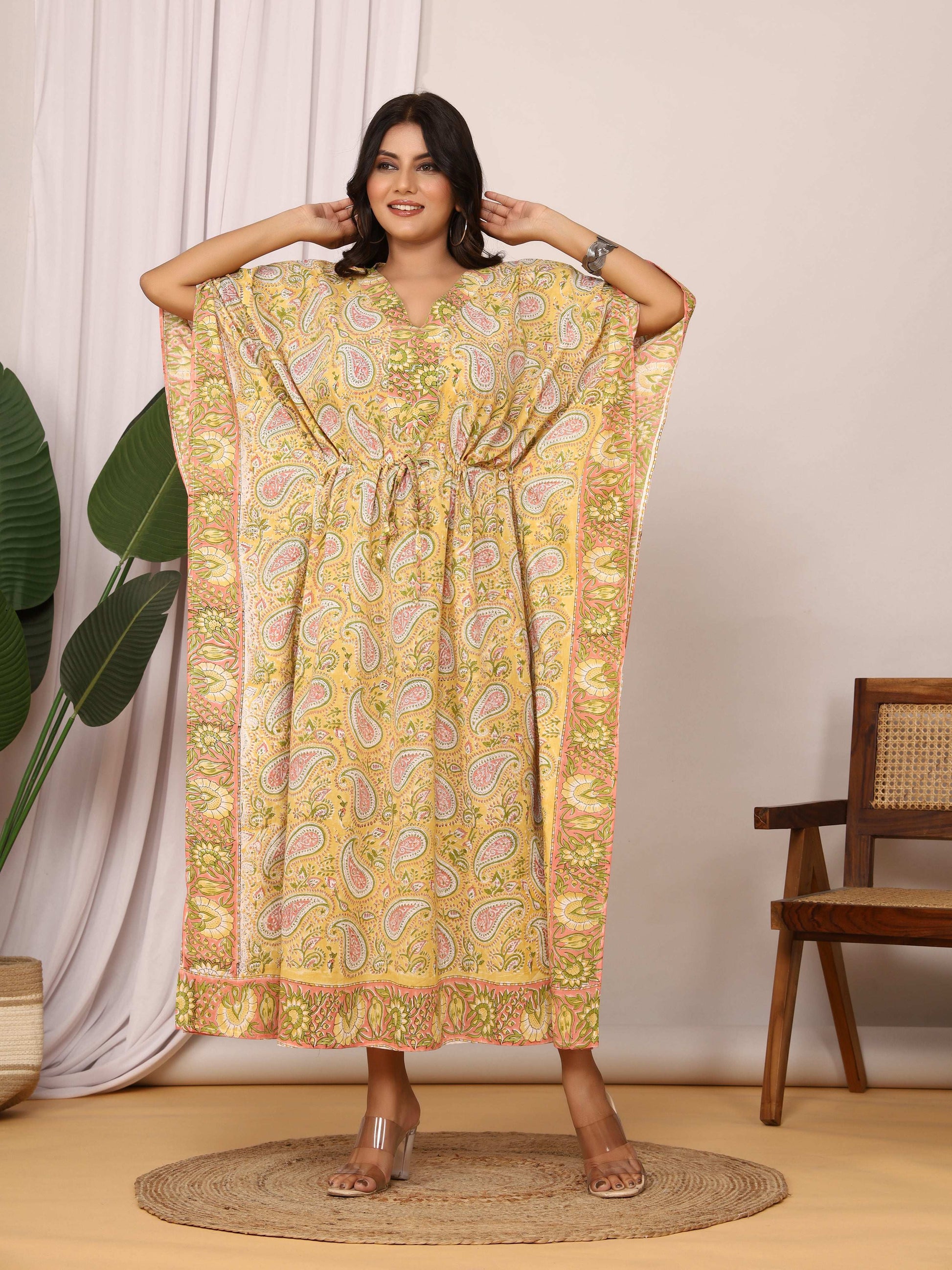 Sanganeri Print Yellow & Green Paisley Cotton Kaftan