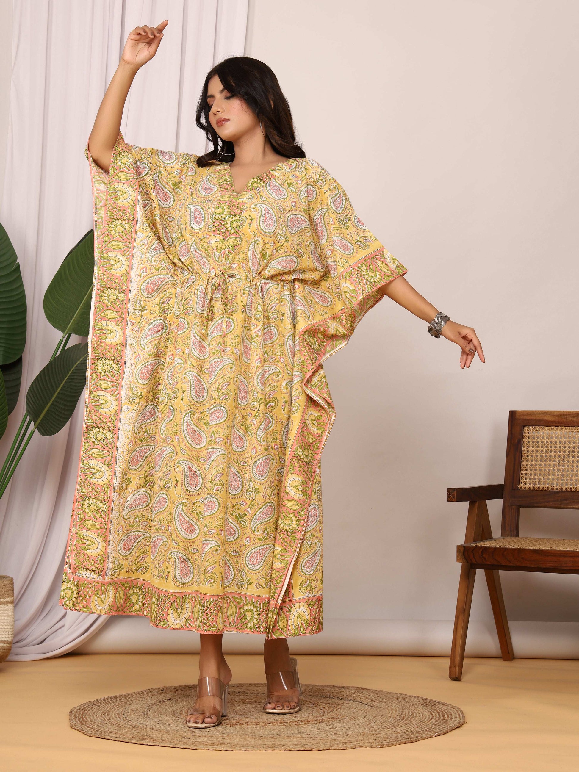 Sanganeri Print Yellow & Green Paisley Cotton Kaftan