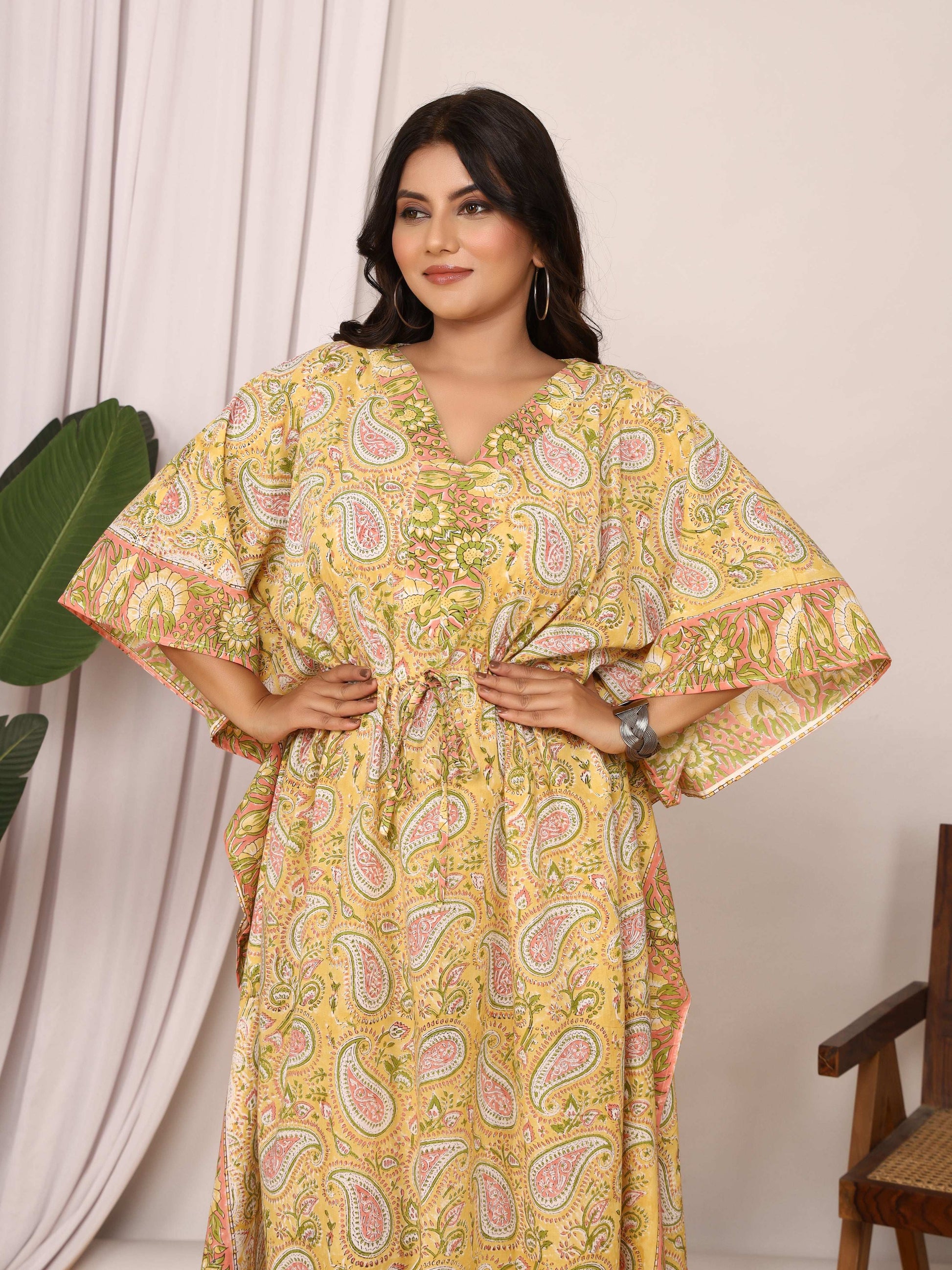 Sanganeri Print Yellow & Green Paisley Cotton Kaftan