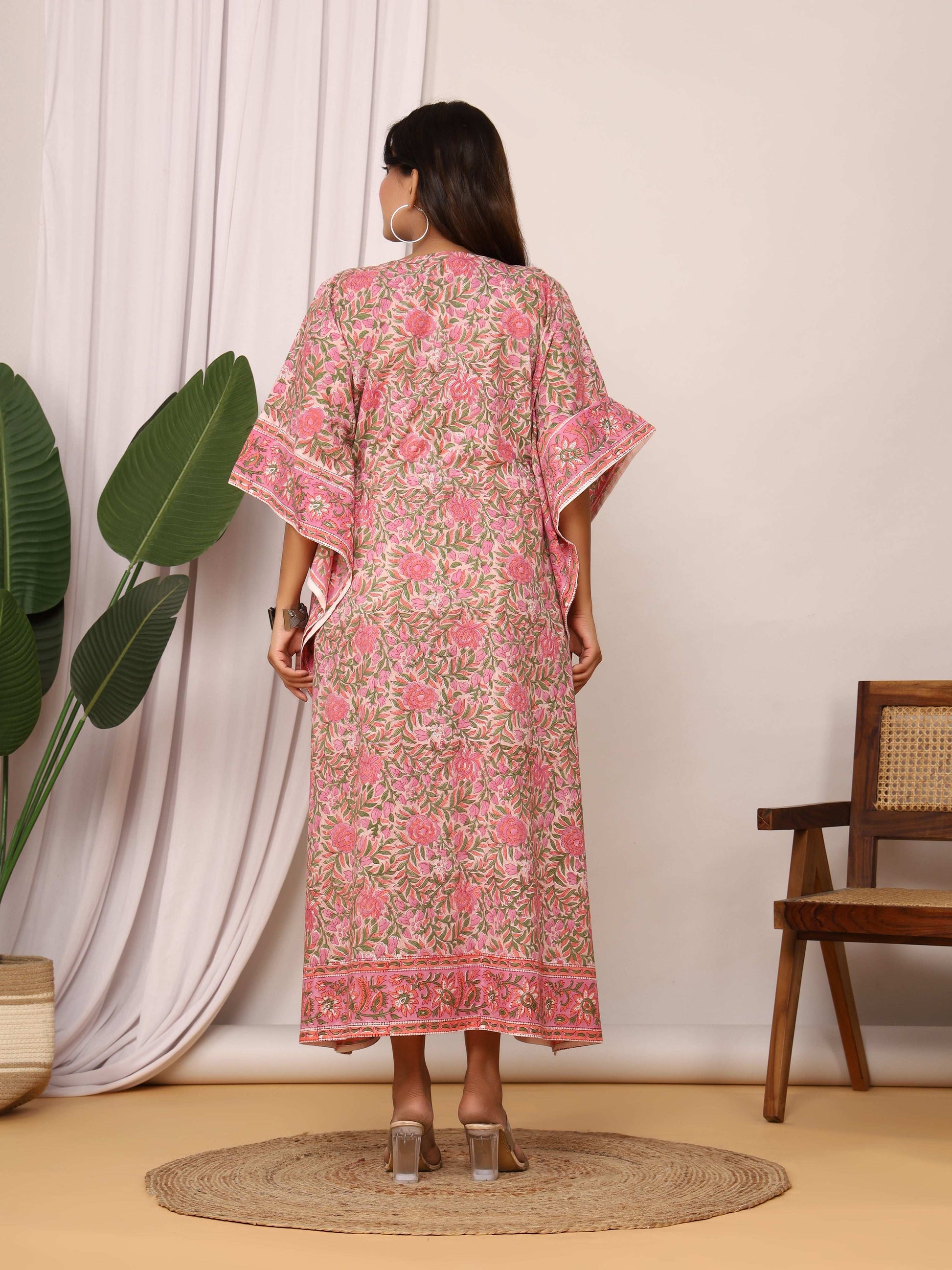 Sanganeri Print Pink & Green Floral Cotton Kaftan